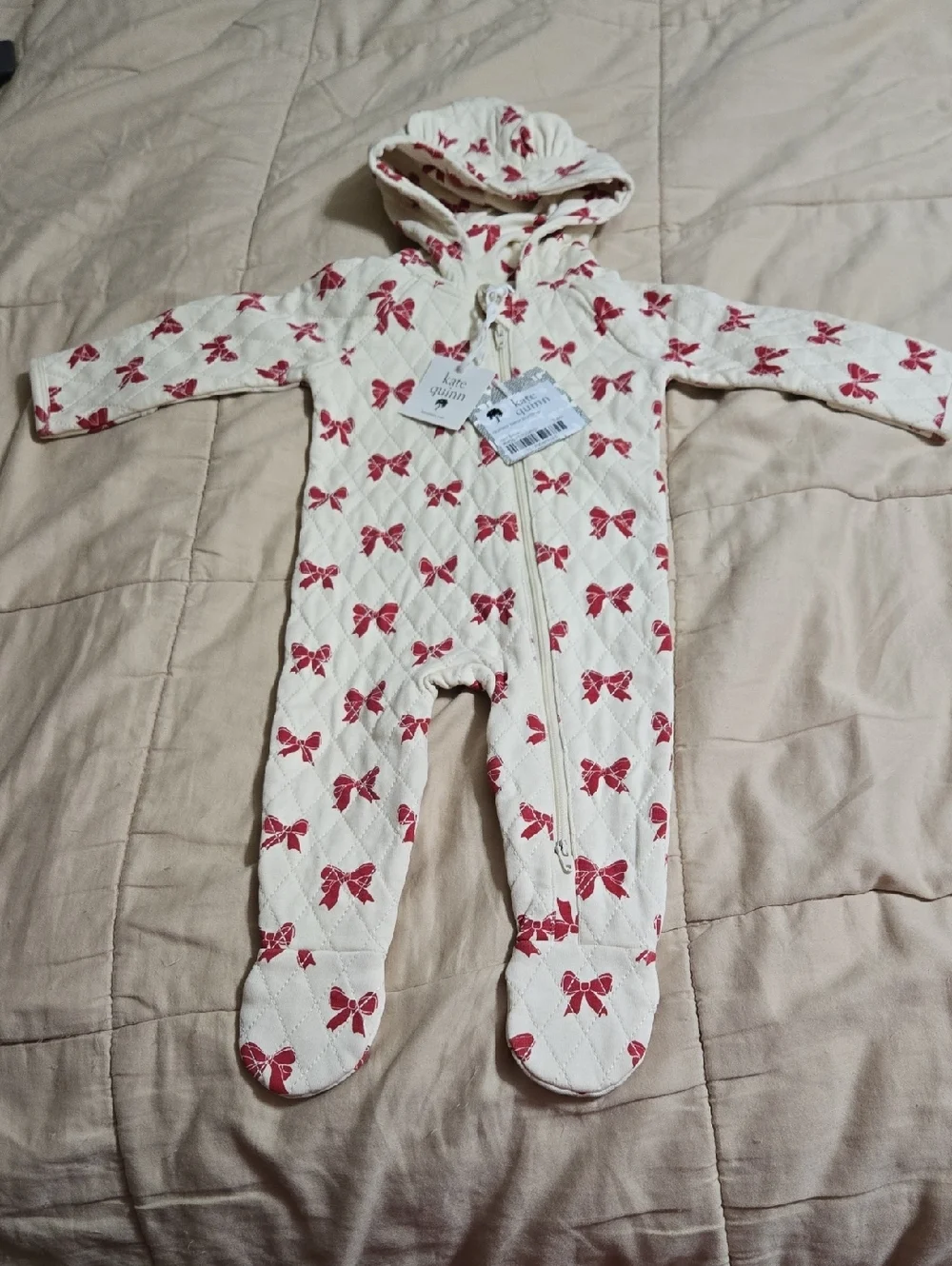Kate Quinn Cream Quilted Hooded One-Piece with Red Bow Print Size 3-6 Months NWT